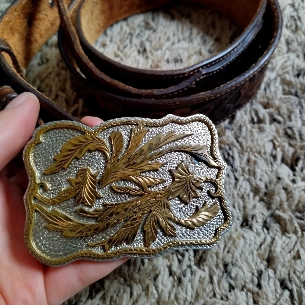 wil aren original Western Handmade Belt Buckle Two Toned Silver and Copper sz 36